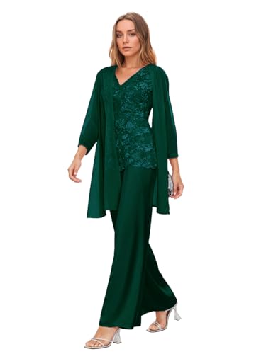 Infuness 3 Teilig Chiffon Hosenanzug für Brautmutter mit Jacke Spitzenapplikation Formelle Anzug Hochzeit Cocktail Outfit von Infuness