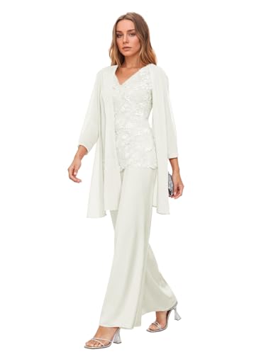 Infuness 3 Teilig Chiffon Hosenanzug für Brautmutter mit Jacke Spitzenapplikation Formelle Anzug Hochzeit Cocktail Outfit von Infuness