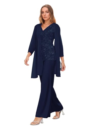 Infuness 3 Teilig Chiffon Hosenanzug für Brautmutter mit Jacke Spitzenapplikation Formelle Anzug Hochzeit Cocktail Outfit von Infuness
