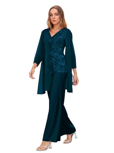 Infuness 3 Teilig Chiffon Hosenanzug für Brautmutter mit Jacke Spitzenapplikation Formelle Anzug Hochzeit Cocktail Outfit von Infuness