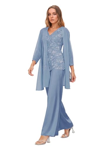 Infuness 3 Teilig Chiffon Hosenanzug für Brautmutter mit Jacke Spitzenapplikation Formelle Anzug Hochzeit Cocktail Outfit von Infuness