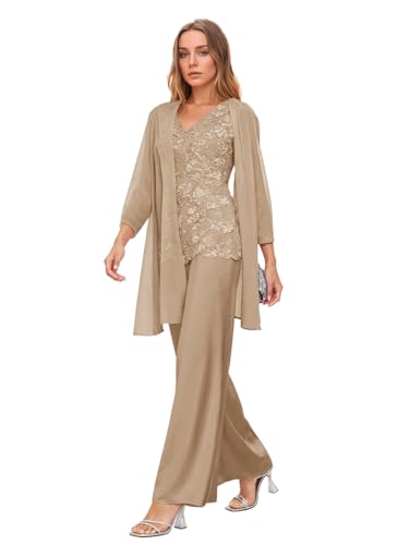 Infuness 3 Teilig Chiffon Hosenanzug für Brautmutter mit Jacke Spitzenapplikation Formelle Anzug Hochzeit Cocktail Outfit von Infuness