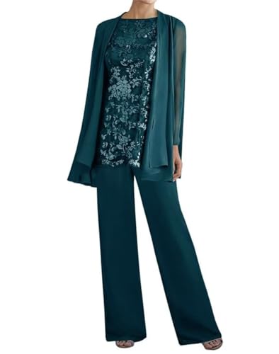Infuness 3 Teilig Damen Hosenanzug Chiffon Brautmutter Anzug für Hochzeit Formelle Hosen mit Jacke von Infuness