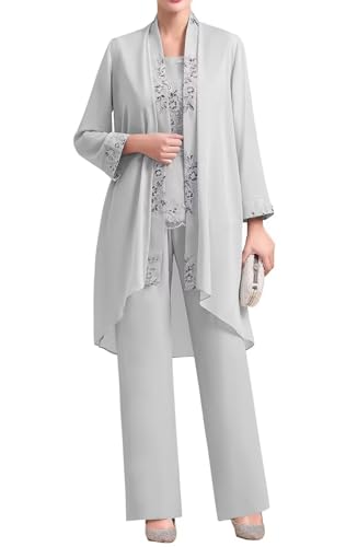 Infuness 3 Teiliger Chiffon Hosenanzug für Brautmutter Elegante Spitzenapplikation Formelles Hosenanzug für Hochzeitsgäste mit Jacke von Infuness