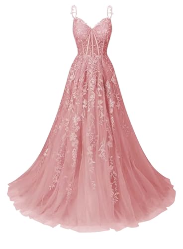 Infuness Ballkleid für Damen mit Tüll-Spitzenapplikation Brautkleid mit Spaghettiträgern und V-Ausschnitt Langes Ballkleid von Infuness