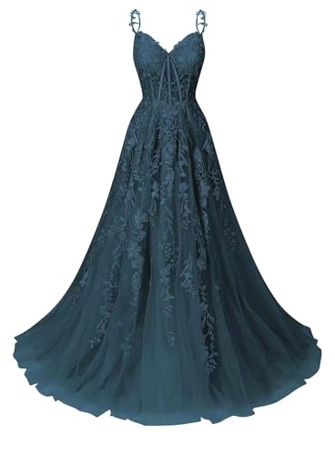 Infuness Ballkleid für Damen mit Tüll-Spitzenapplikation Brautkleid mit Spaghettiträgern und V-Ausschnitt Langes Ballkleid von Infuness