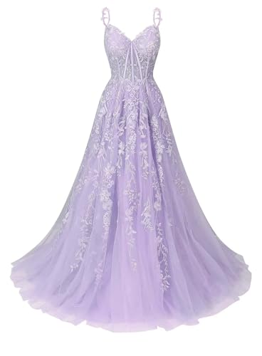 Infuness Ballkleid für Damen mit Tüll-Spitzenapplikation Brautkleid mit Spaghettiträgern und V-Ausschnitt Langes Ballkleid von Infuness