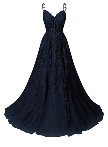 Infuness Ballkleid für Damen mit Tüll-Spitzenapplikation Brautkleid mit Spaghettiträgern und V-Ausschnitt Langes Ballkleid von Infuness