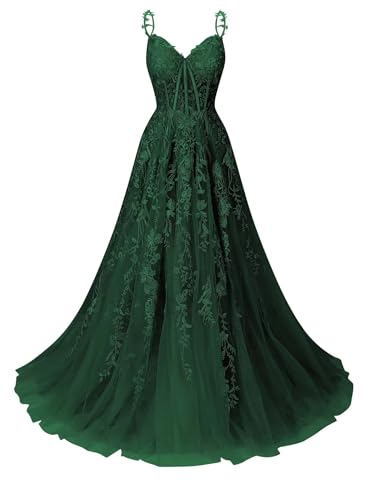 Infuness Ballkleid für Damen mit Tüll-Spitzenapplikation Brautkleid mit Spaghettiträgern und V-Ausschnitt Langes Ballkleid von Infuness