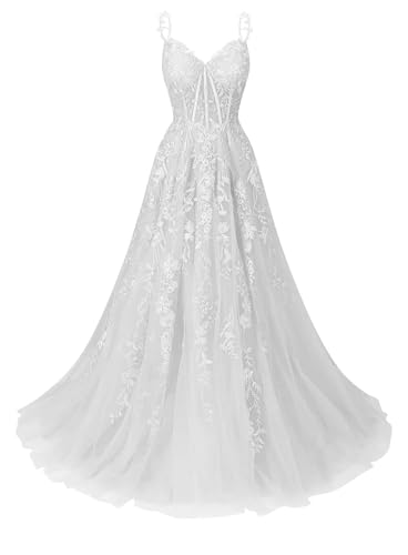 Infuness Ballkleid für Damen mit Tüll-Spitzenapplikation Brautkleid mit Spaghettiträgern und V-Ausschnitt Langes Ballkleid von Infuness