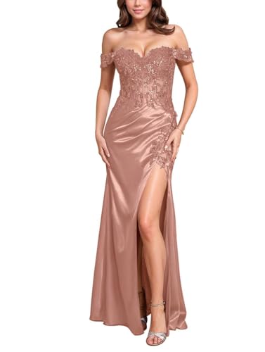 Infuness Damen Abendkleid Lang Spitzenapplikation Mit 3D Blumen Satin Abendkleider Elegant Formelles Schulterfreies Schlitz Kleid von Infuness