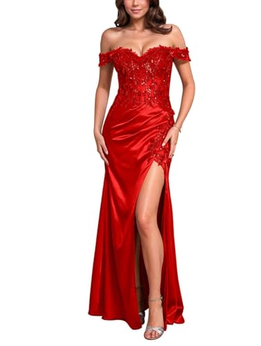 Infuness Damen Abendkleid Lang Spitzenapplikation Mit 3D Blumen Satin Abendkleider Elegant Formelles Schulterfreies Schlitz Kleid von Infuness