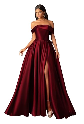 Infuness Damen Abendkleid Satin Lang Schulterfreies Backless Ballkleid Schlitz Elegant Brautjungfernkleid Wedding Dress von Infuness