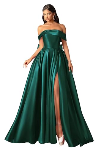 Infuness Damen Abendkleid Satin Lang Schulterfreies Backless Ballkleid Schlitz Elegant Brautjungfernkleid Wedding Dress von Infuness
