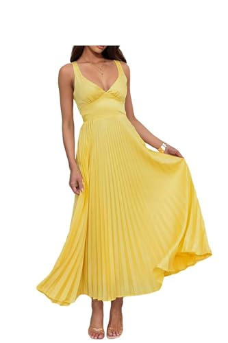 Infuness Damen Abendkleider Lang Falten Elegant Satin A-Linie Brautjungfernkleid Spaghetti Festlich Ballkleid für Hochzeit von Infuness