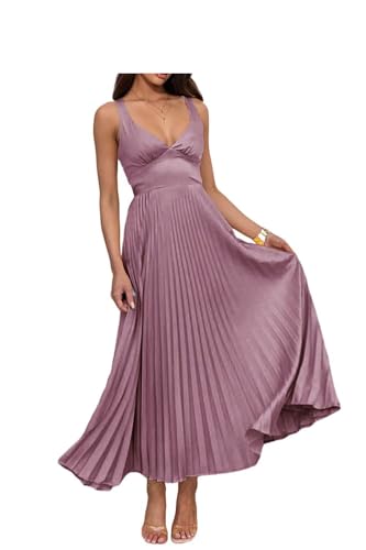 Infuness Damen Abendkleider Lang Falten Elegant Satin A-Linie Brautjungfernkleid Spaghetti Festlich Ballkleid für Hochzeit von Infuness
