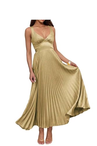 Infuness Damen Abendkleider Lang Falten Elegant Satin A-Linie Brautjungfernkleid Spaghetti Festlich Ballkleid für Hochzeit von Infuness