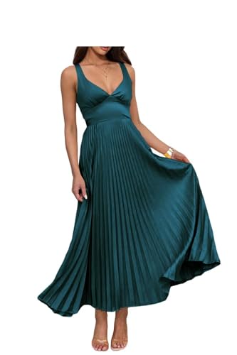 Infuness Damen Abendkleider Lang Falten Elegant Satin A-Linie Brautjungfernkleid Spaghetti Festlich Ballkleid für Hochzeit von Infuness