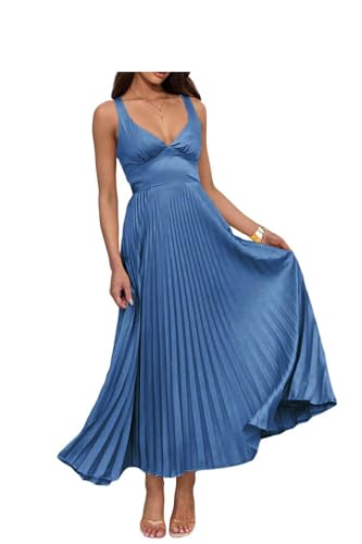 Infuness Damen Abendkleider Lang Falten Elegant Satin A-Linie Brautjungfernkleid Spaghetti Festlich Ballkleid für Hochzeit von Infuness
