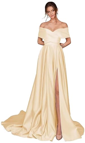 Infuness Damen Abschlusskleider Lang mit Taschen Off Shoulder Satin Ballkleider mit Korsett A-Linie Formelle Party Abendkleid von Infuness
