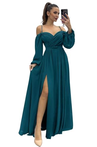 Infuness Damen Brautjungfernkleider Spaghettiträger Lange Ärmel plissiert aus Chiffon Kleider Geteilt Formelle Abendkleid mit Taschen von Infuness