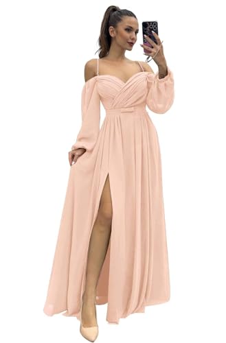 Infuness Damen Brautjungfernkleider Spaghettiträger Lange Ärmel plissiert aus Chiffon Kleider Geteilt Formelle Abendkleid mit Taschen von Infuness
