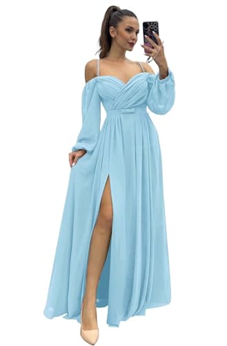 Infuness Damen Brautjungfernkleider Spaghettiträger Lange Ärmel plissiert aus Chiffon Kleider Geteilt Formelle Abendkleid mit Taschen von Infuness