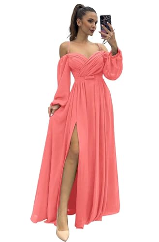 Infuness Damen Brautjungfernkleider Spaghettiträger Lange Ärmel plissiert aus Chiffon Kleider Geteilt Formelle Abendkleid mit Taschen von Infuness