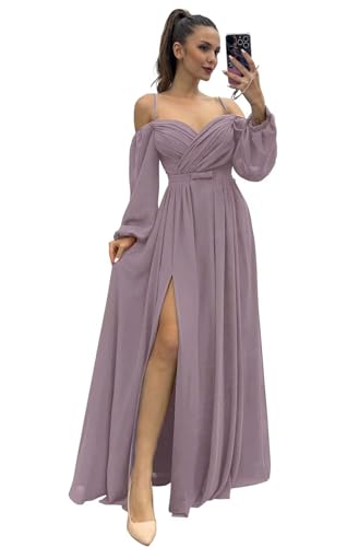 Infuness Damen Brautjungfernkleider Spaghettiträger Lange Ärmel plissiert aus Chiffon Kleider Geteilt Formelle Abendkleid mit Taschen von Infuness