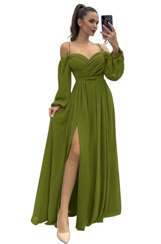 Infuness Damen Brautjungfernkleider Spaghettiträger Lange Ärmel plissiert aus Chiffon Kleider Geteilt Formelle Abendkleid mit Taschen von Infuness
