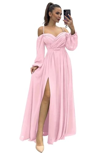 Infuness Damen Brautjungfernkleider Spaghettiträger Lange Ärmel plissiert aus Chiffon Kleider Geteilt Formelle Abendkleid mit Taschen von Infuness