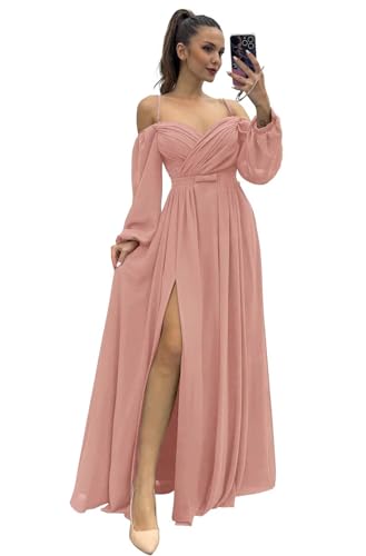 Infuness Damen Brautjungfernkleider Spaghettiträger Lange Ärmel plissiert aus Chiffon Kleider Geteilt Formelle Abendkleid mit Taschen von Infuness