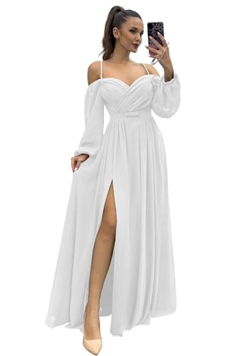 Infuness Damen Brautjungfernkleider Spaghettiträger Lange Ärmel plissiert aus Chiffon Kleider Geteilt Formelle Abendkleid mit Taschen von Infuness