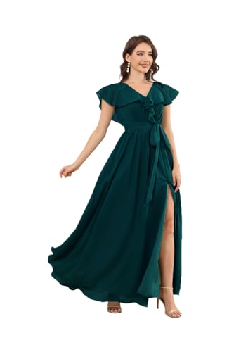 Infuness Damen Chiffon Brautjungfernkleider V-Ausschnitt Rüschenärmel Ballkleider mit Taschen Schlitz Abendkleid Abschlusskleid mit Gürtel von Infuness
