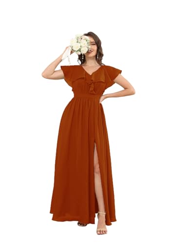 Infuness Damen Chiffon Brautjungfernkleider V-Ausschnitt Rüschenärmel Ballkleider mit Taschen Schlitz Abendkleid Abschlusskleid mit Gürtel Infuness Damen Chiffon Brautjungfernkleider V-Ausschnitt Rüschenärmel Ballkleider mit Taschen Schlitz Abendkleid Abschlusskleid mit Gürtel von Infuness