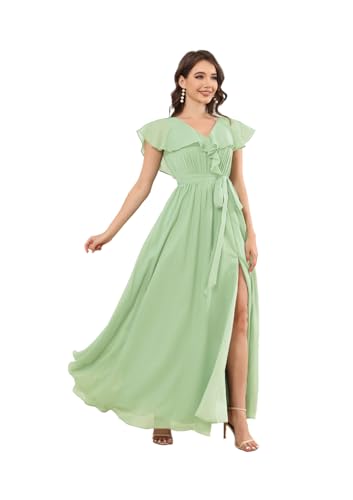Infuness Damen Chiffon Brautjungfernkleider V-Ausschnitt Rüschenärmel Ballkleider mit Taschen Schlitz Abendkleid Abschlusskleid mit Gürtel von Infuness