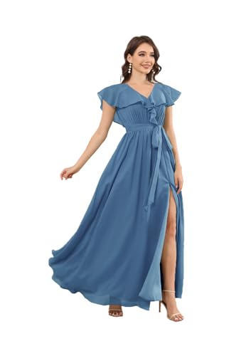 Infuness Damen Chiffon Brautjungfernkleider V-Ausschnitt Rüschenärmel Ballkleider mit Taschen Schlitz Abendkleid Abschlusskleid mit Gürtel von Infuness
