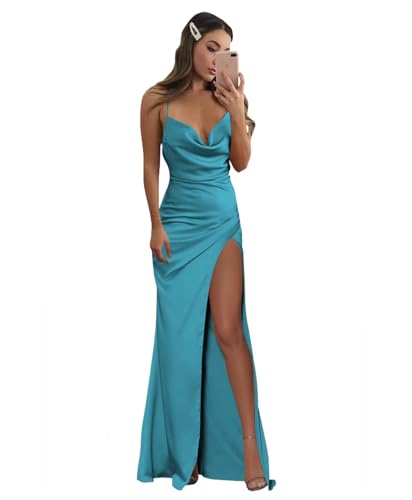 Infuness Damen Elegant Lange Ballkleider Spaghettiträger Satin Brautjungferkleider V-Ausschnitt Abendkleid von Infuness