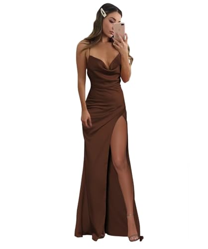 Infuness Damen Elegant Lange Ballkleider Spaghettiträger Satin Brautjungferkleider V-Ausschnitt Abendkleid von Infuness
