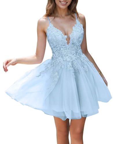 Infuness Damen Homecoming Tüll Ballkleid Spitzenapplikationen Spaghettiträger Kurzes Abendkleid V Ausschnitt Cocktail Party Kleid von Infuness
