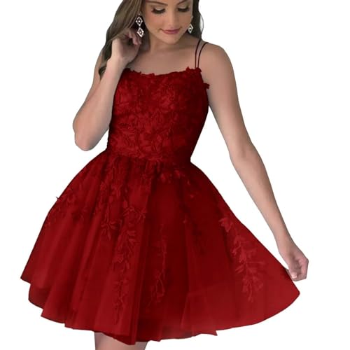 Infuness Damen Homecoming Tüll Kurzes Ballkleid für Teens Mini Ballkleid Spitzenapplikationen mit Spaghettiträgern von Infuness