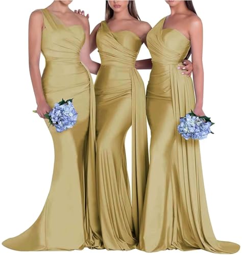 Infuness Damen One Shoulder Meerjungfrau Ballkleid Satin Brautjungfernkleider Lang Bodycon formelle Abendkleider von Infuness