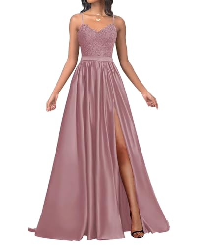 Infuness Damen Satin Ballkleider Lang Spaghetti Straps Lace Appliques Ballkleider mit Schlitz von Infuness