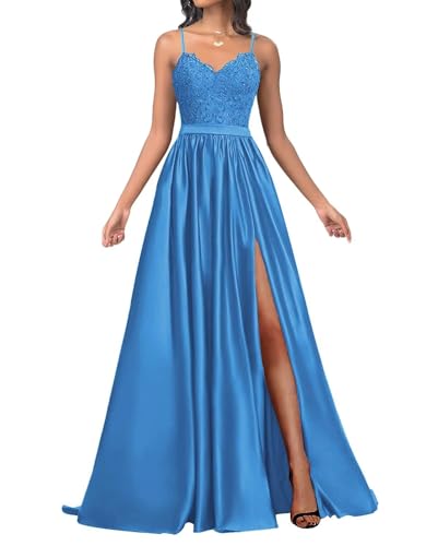 Infuness Damen Satin Ballkleider Lang Spaghetti Straps Lace Appliques Ballkleider mit Schlitz von Infuness