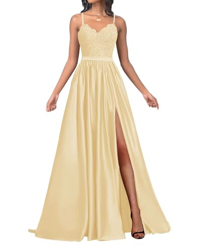 Infuness Damen Satin Ballkleider Lang Spaghetti Straps Lace Appliques Ballkleider mit Schlitz von Infuness