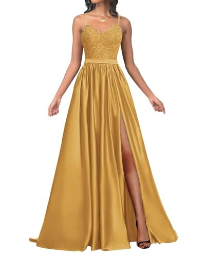 Infuness Damen Satin Ballkleider Lang Spaghetti Straps Lace Appliques Ballkleider mit Schlitz von Infuness