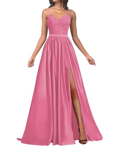 Infuness Damen Satin Ballkleider Lang Spaghetti Straps Lace Appliques Ballkleider mit Schlitz von Infuness
