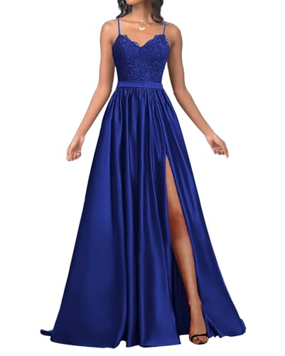 Infuness Damen Satin Ballkleider Lang Spaghetti Straps Lace Appliques Ballkleider mit Schlitz von Infuness