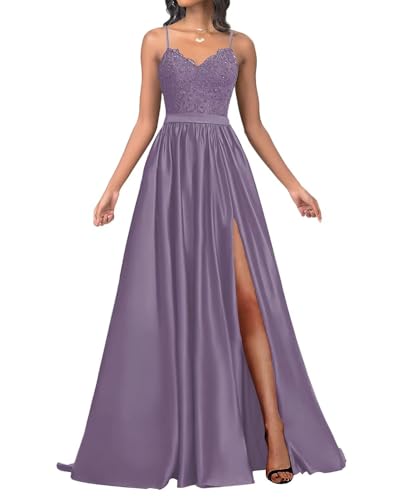 Infuness Damen Satin Ballkleider Lang Spaghetti Straps Lace Appliques Ballkleider mit Schlitz von Infuness