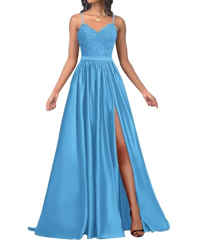 Infuness Damen Satin Ballkleider Lang Spaghetti Straps Lace Appliques Ballkleider mit Schlitz von Infuness